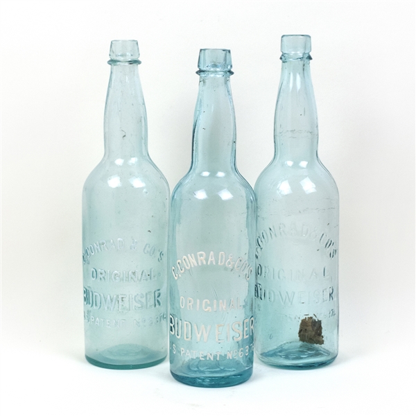 (3) C. Conrad’s Original Budweiser Blob Top Bottles