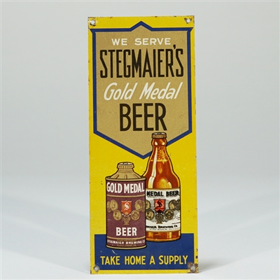 Stegmaiers Gold Medal Cone Top Steinie Bottle Tin Doorpush Sign