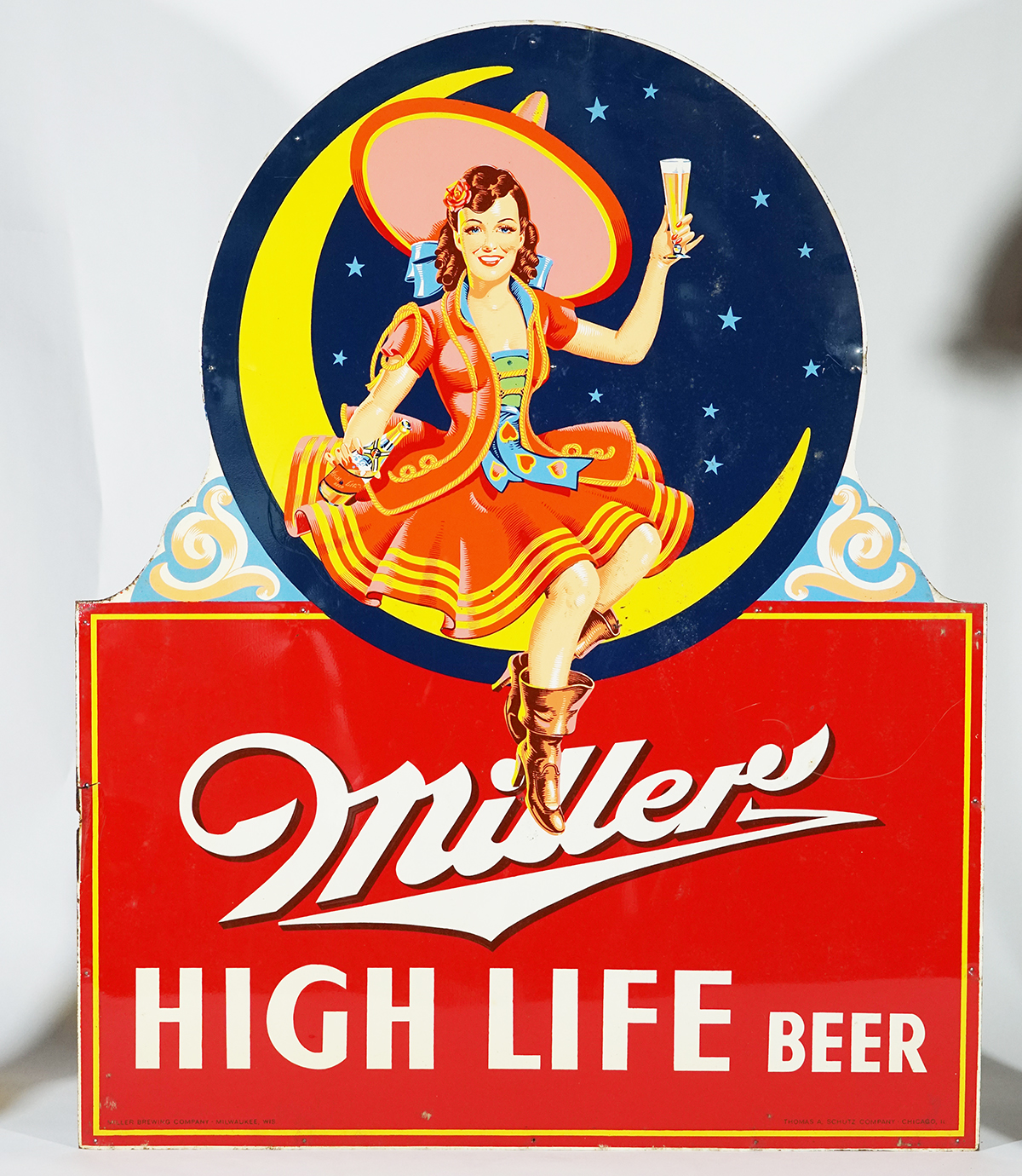 Miller High Life Lady on Moon Large Diecut Tin Advertising Sign RARE Barnebys