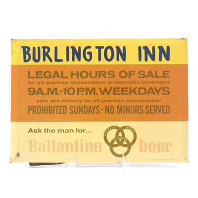 Ballantine Beer Burlington Inn 1960s TOC Sign