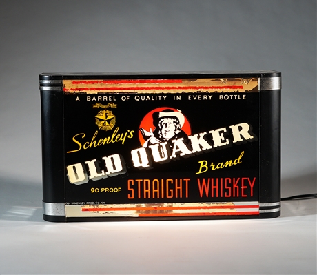 Schenleys Old Quaker 90 Proof Straight Whiskey Illuminated Sign