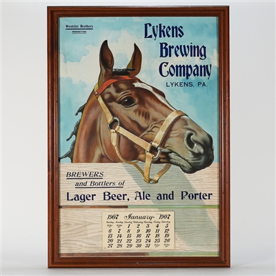 Lykens Lager Beer Ale Porter Horse 1907 Calendar Lithograph RARE