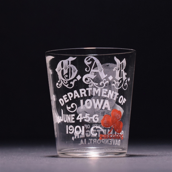 Geo Metzger 1901 Souvenir Iowa GAR Pre-Pro Etched Shot Glass