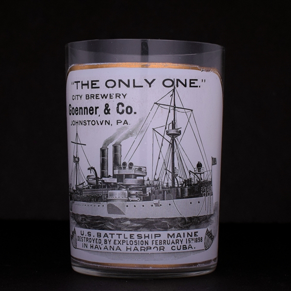 Goenner and Co City Brewery Battleship Maine Commemorative Pre-Pro Enameled Drinking Glass