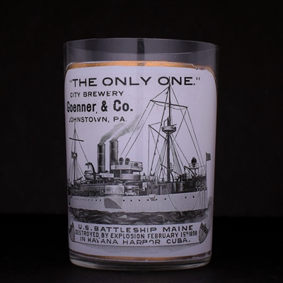 Goenner and Co City Brewery Battleship Maine Commemorative Pre-Pro Enameled Drinking Glass