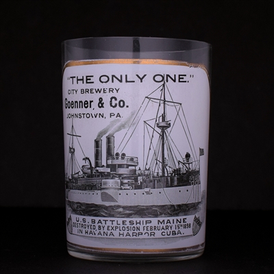 Goenner and Co City Brewery Battleship Maine Commemorative Pre-Pro Enameled Drinking Glass