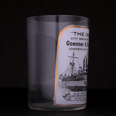 Goenner and Co City Brewery Battleship Maine Commemorative Pre-Pro Enameled Drinking Glass