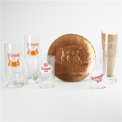 Hudepohl Brass Plate Set of 5 ACL Beer Glasses