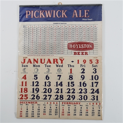 Pickwick Ale Boylston Beer 1953 BOTTLE PRICE Calendar OUTSTANDING