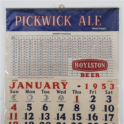 Pickwick Ale Boylston Beer 1953 BOTTLE PRICE Calendar OUTSTANDING