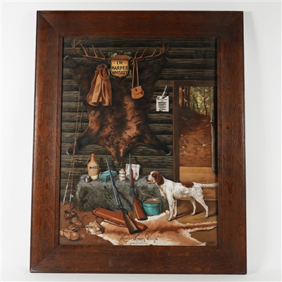 IW Harper Whiskey Hunting Cabin Meyercord Vitrolite Pre-Prohibition Sign MINTY