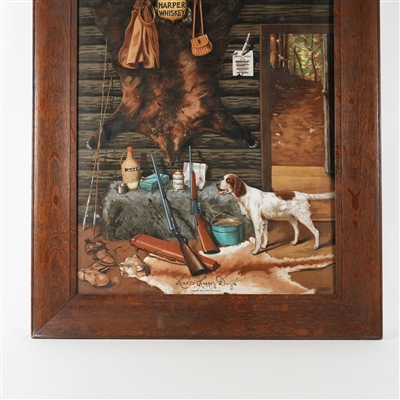 IW Harper Whiskey Hunting Cabin Meyercord Vitrolite Pre-Prohibition Sign MINTY