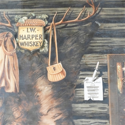 IW Harper Whiskey Hunting Cabin Meyercord Vitrolite Pre-Prohibition Sign MINTY